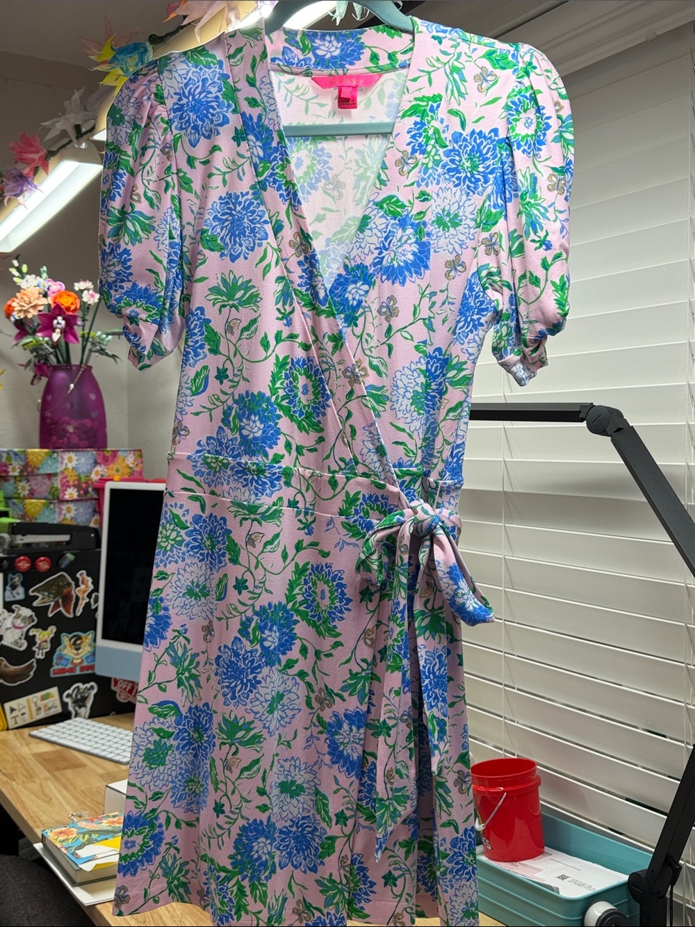 Lilly Pulitzer Pink Floral Wrap Dress with Blue & Green Blooms